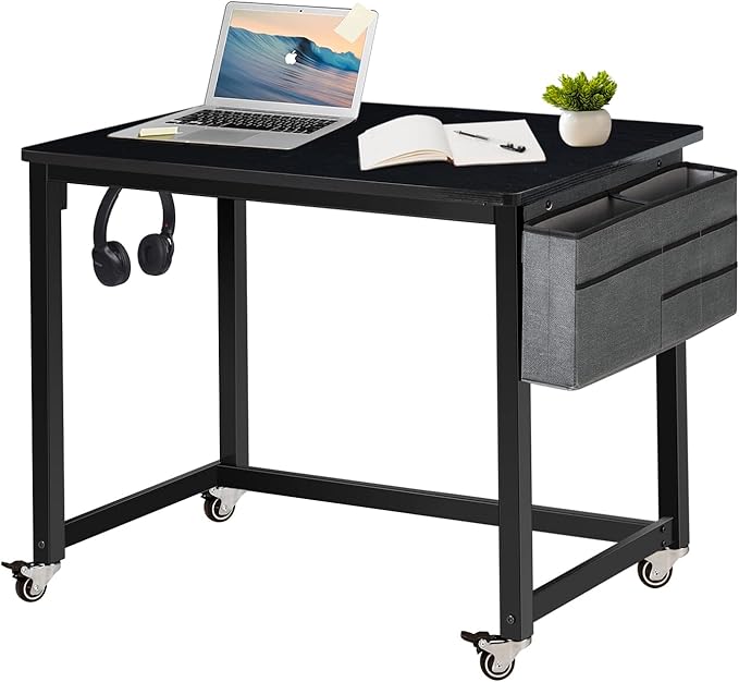 AHB Rolling Computer Desk with 4 Smooth Wheels, Simple Style Mobile Writing Desk Home Office Study Table Movable Workstation with Metal Frame (Black, 32") - LeafyLoom
