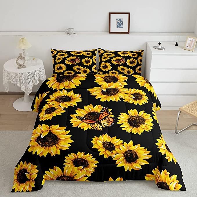 Feelyou Sunflower Bedding Set Girls Yellow Floral Butterfly Comforter Chic Flowers Comforter Set for Kids Teens Botanical Nature Duvet Set Soft Room Decor King Size Boys - LeafyLoom