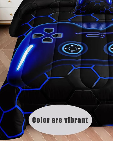 5 Pieces Bed in a Bag for Boys Bedding Sets Twin Size,Gamer Comforter Sets for Boys Kids, Gaming Comforter Set for Boys Room Decor with Flat Sheet,Fitted Sheet,Pillowcase,Cushion Cover - LeafyLoom