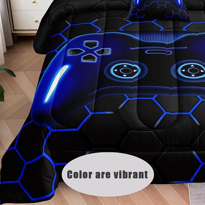 6 Pieces Bed in a Bag for Boys Bedding Sets Full Size,Gamer Comforter Sets for Boys Kids, Gaming Comforter Set for Boys Room Decor with Flat Sheet,Fitted Sheet,Pillowcase,Cushion Cover - LeafyLoom