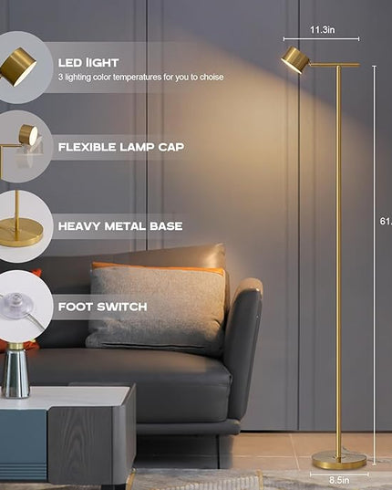 Floor Lamp for bedroom, 3 Color Temperatures Minimalist Floor Lamp with Flexible Lamp Cap, Modern Gold Floor Lamps for Living Room Bright, Simple Standing Lamp for Office Reading Working - LeafyLoom