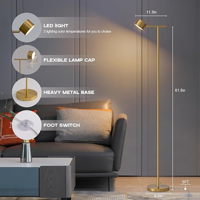 Floor Lamp for bedroom, 3 Color Temperatures Minimalist Floor Lamp with Flexible Lamp Cap, Modern Gold Floor Lamps for Living Room Bright, Simple Standing Lamp for Office Reading Working - LeafyLoom