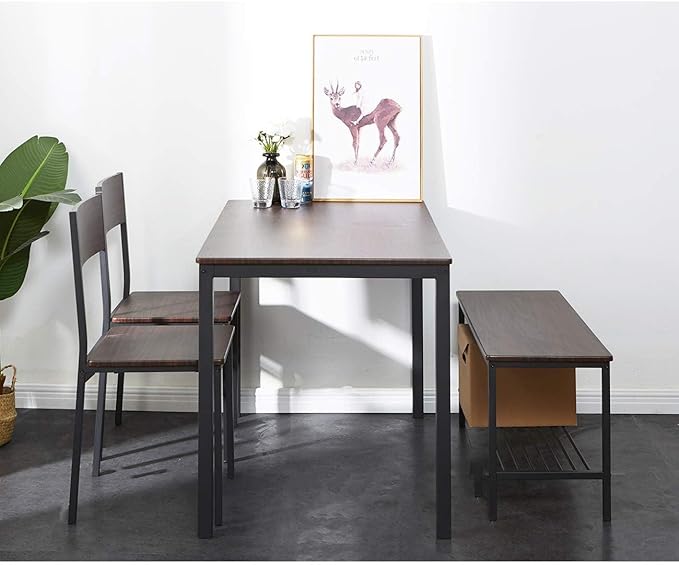 SDHYL Dining Table Set for 4, 43" Dining Room Table with Two Chairs and One Bench, 4 Pieces Set Table Top with Metal Legs in Living Room, Dining Room, Space Saving Kitchen Table Set, Walnut - LeafyLoom