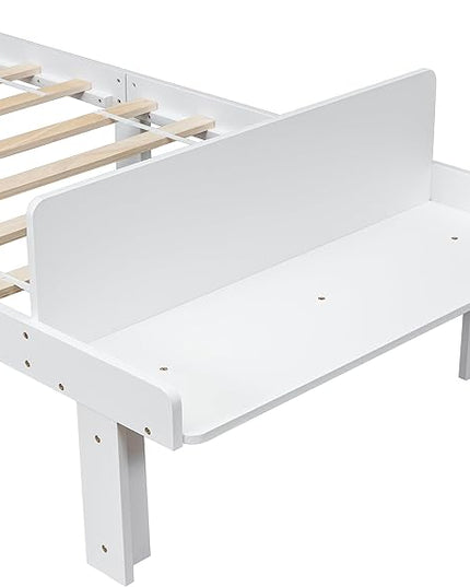 Twin Bed with Footboard Bench, Twin Kid Bed with Headboard, Wood Slat Support, Cute Kid Bed Frame with Book Storage Space, Twin Car Bed for Boys Girls Bedroom, No Box Spring Needed, White - LeafyLoom