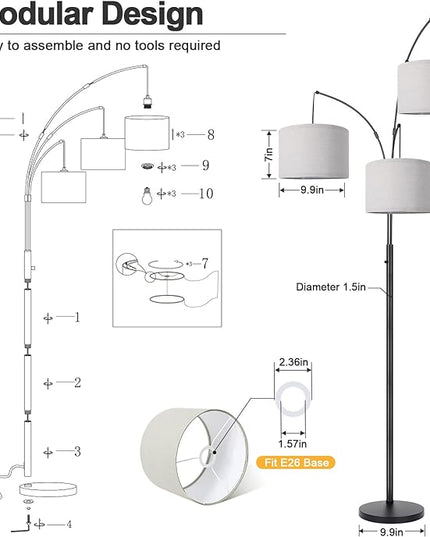 Dimmable Floor Lamp - 3 Lights Arc Floor Lamps for Living Room, 1000LM Modern Tall Standing Lamp With Gray Shades & Heavy Base, Mid Century Tree Floor Lamp for Bedroom Office, 3 LED Bulbs Included - LeafyLoom