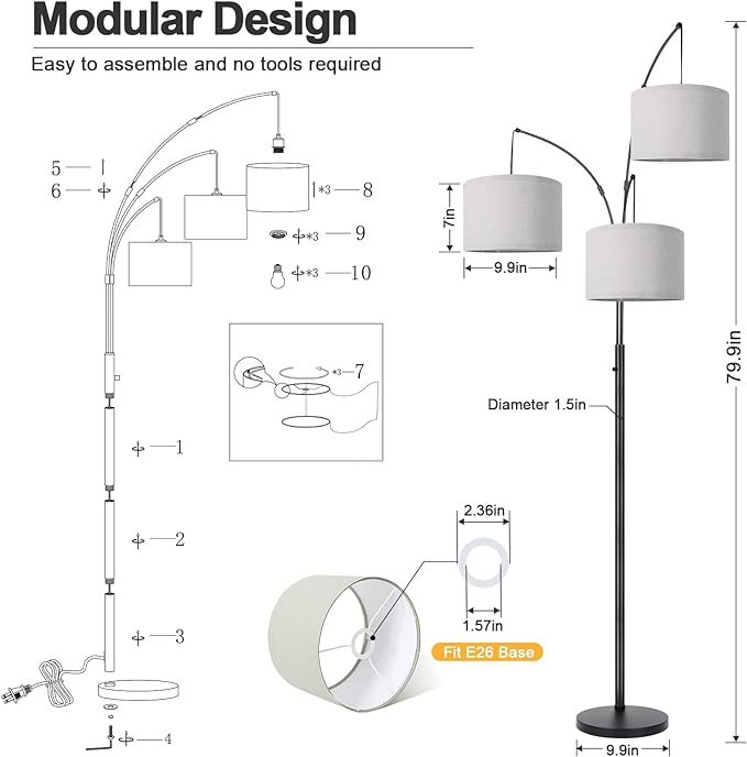 Dimmable Floor Lamp - 3 Lights Arc Floor Lamps for Living Room, 1000LM Modern Tall Standing Lamp With Gray Shades & Heavy Base, Mid Century Tree Floor Lamp for Bedroom Office, 3 LED Bulbs Included - LeafyLoom