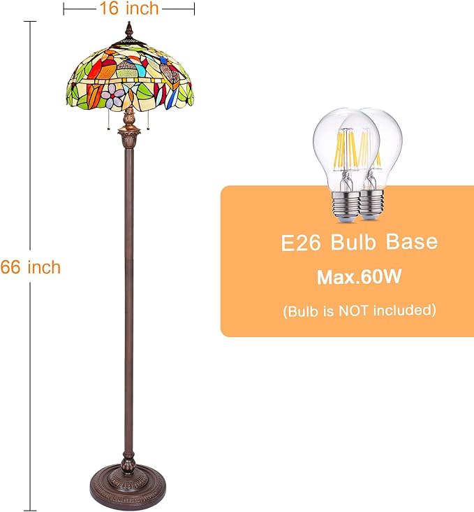Capulina Tiffany Floor Lamp 2-Light 16X16X66 Inches Cardinal Birds Vintage Style Stained Glass Standing Reading Light for Living Room Bedroom Home Office - LeafyLoom