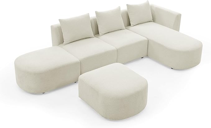 113" L-Shape Sectional Side Chaise and Ottoman, Modular Sofa, DIY Combination, Loop Yarn Fabric for Living Room, Apartment, 113inch, Beige Right - LeafyLoom