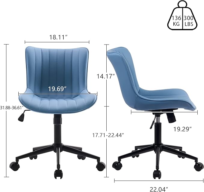 YOUNIKE Armless Office Chair with Wheels Swivel Leather Desk Chair, Upholstered Adjustable Computer Task Chair, Modern Rolling Gaming Chair Mid Back, Blue - LeafyLoom