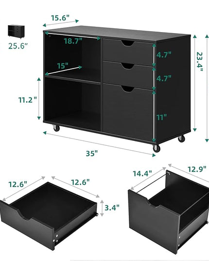 YITAHOME Wood File Cabinet, 3 Drawer Mobile Lateral Filing Cabinet, Storage Cabinet for A4, Letter Size Files, Printer Stand with Shelves for Home Office, Black - LeafyLoom
