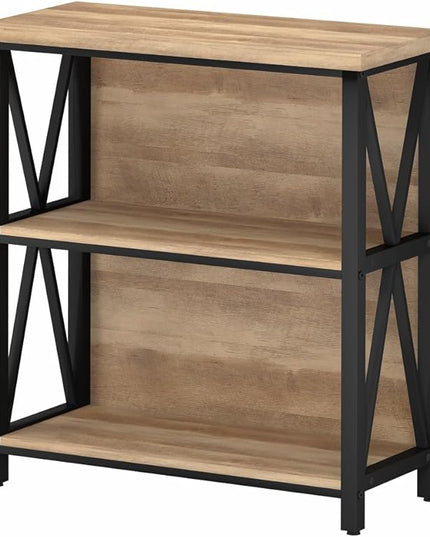 FATORRI Small Bookcase, Wood and Metal Low Short Bookshelf, Industrial Book Case and Rustic Book Shelf for Small Space (Rustic Oak) - LeafyLoom