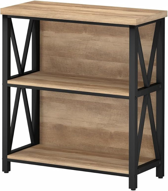 FATORRI Small Bookcase, Wood and Metal Low Short Bookshelf, Industrial Book Case and Rustic Book Shelf for Small Space (Rustic Oak) - LeafyLoom