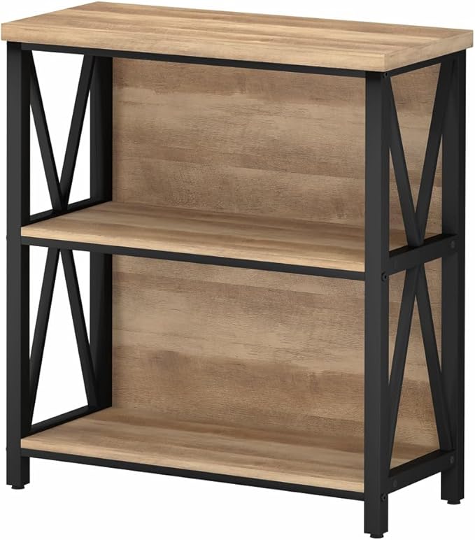 FATORRI Small Bookcase, Wood and Metal Low Short Bookshelf, Industrial Book Case and Rustic Book Shelf for Small Space (Rustic Oak) - LeafyLoom