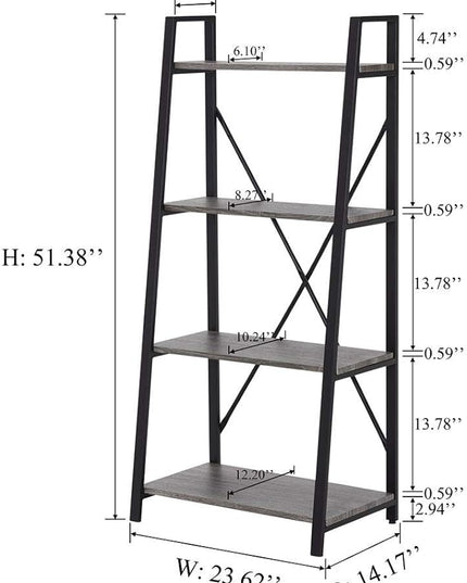 BON AUGURE Rustic Ladder Bookshelf, 4 Tier Industrial Ladder Shelf Bookcase, Standing Leaning Book Shelves for Living Room (Dark Gray Oak) - LeafyLoom
