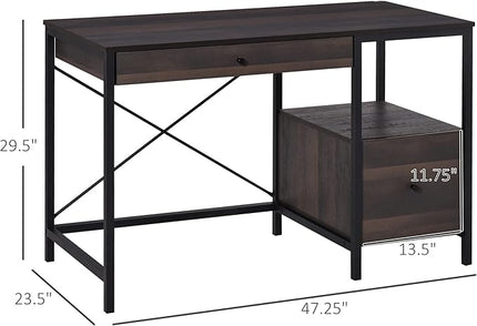 HOMCOM Industrial Style Home Office Desk with Filing Cabinet Storage Drawer for Letter Size Papers and Steel Frame, Black/Walnut - LeafyLoom