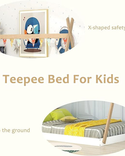 Full Size Teepee Bed for Kids,Tent Floor Bed Frame with Triangle Structure,Montessori Floor Bed for Girls Boys(Full,White) - LeafyLoom