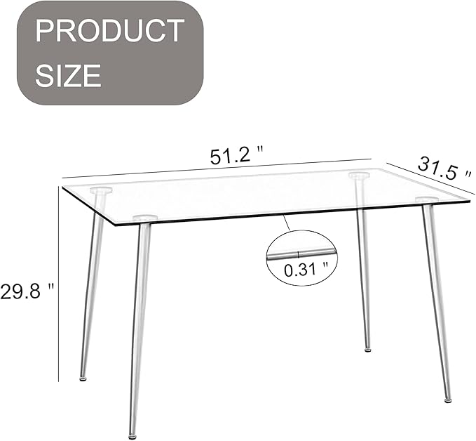 NicBex 51.2Inch Rectangular Dining Table,Minimalist Kitchen Table with Tempered Glass Tabletop and Black Metal Legs for 4 to 6,Dining Room Table for Kitchen,Meeting Room and Living Room,Transparent - LeafyLoom