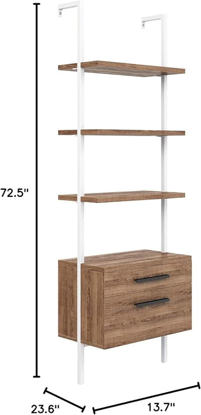 Nathan James Theo Industrial Bookshelf with Wood Drawers and Matte Steel Frame, 3-Shelf, Oak/White - LeafyLoom