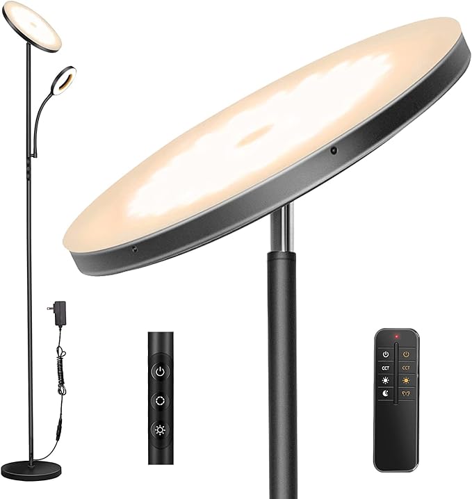 LED Floor Lamp, 4300LM 42W Bright Standing Lamp with Gooseneck Reading Light, 2700K-6500K Stepless Dimming Modern Torchiere Lamp with Remote/Touch Control, 69" Tall Lamp for Living Room Bedroom Office - LeafyLoom