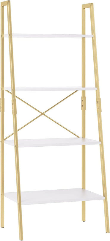 finetones Bookshelf 4 Tier, Wood Bookcase with Metal Frame, Open Display Storage Ladder Shelf, Plant Flower Stand Storage Rack for Home Office White/Gold - LeafyLoom