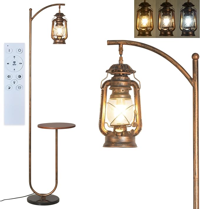 Hsyile Floor Lamp for Living Room Bedroom with Table and Shelves Retro Horse Lantern Floor Lamp with Remote Dimmable Farmhouse Standing Lamp (Red Copper) - LeafyLoom