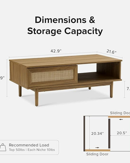 mopio Haylee Coffee Table, Modern Boho Farmhouse Small Coffee Table with Storage, Natural Rattan Living Room Tables, Center Table (Rattan (Oak) - LeafyLoom