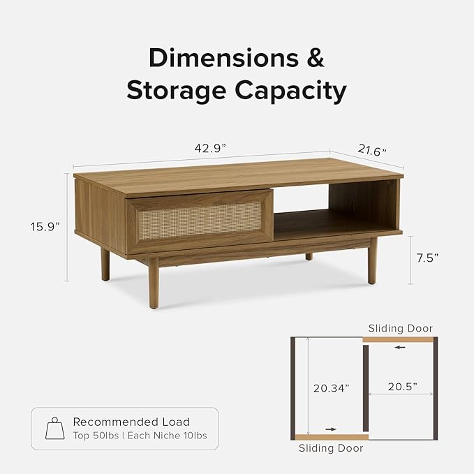 mopio Haylee Coffee Table, Modern Boho Farmhouse Small Coffee Table with Storage, Natural Rattan Living Room Tables, Center Table (Rattan (Oak) - LeafyLoom