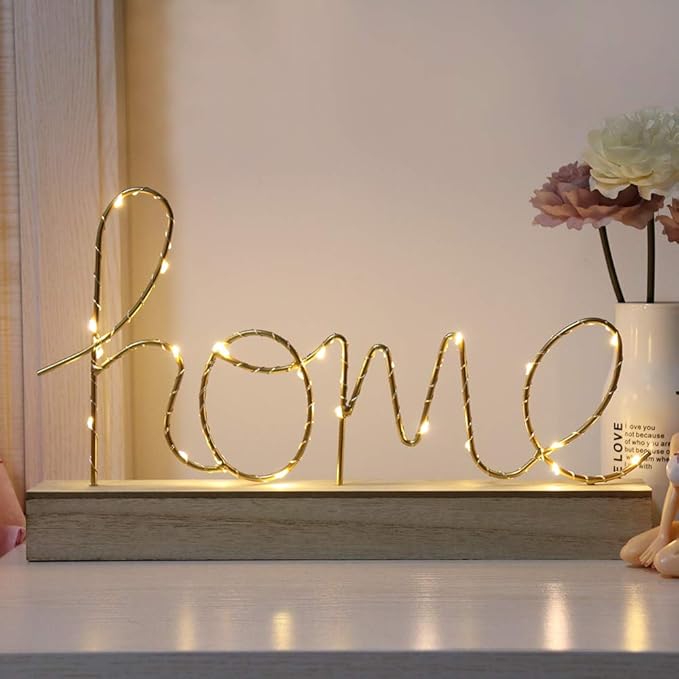 GUOCHENG home Alphabet Letter Light Battery Operated LED Table Lamps home Romantic Decorative Mood Lights Starry String Night Light, Wedding Christmas Bedroom Decor(Metal home) - LeafyLoom