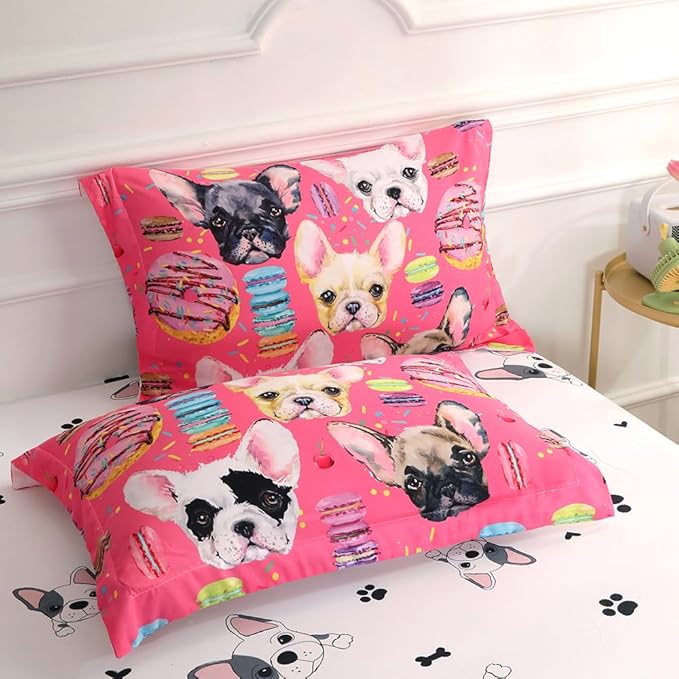 7 Piece Dog Comforter Set Full Size for Kids Cute 3D French Bulldog Dogs Bedding Bed in A Bag for Teens Boys Girls All Season Watercolor Pink Animal Themed Comforter - LeafyLoom