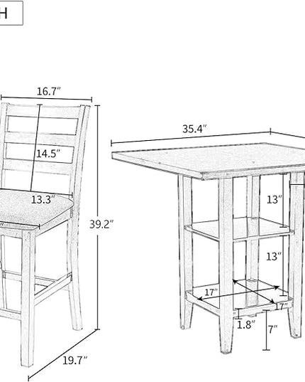 5 Piece Wooden Counter Height Set, Includes 1 Table, 4, Padded Chairs and Storage Shelving, for Dining, Living Room, Kitchen, Espresso - LeafyLoom