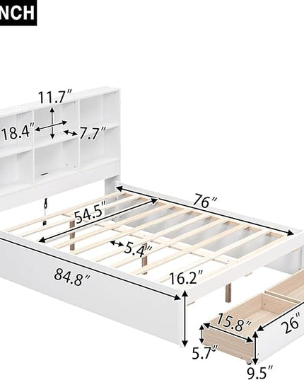 Full Size Platform Bed with Storage Headboard Bookcase, 2 Drawers Underneath and Charging Station, for Bedroom/Guest Room, White - LeafyLoom