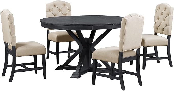 Small Dining Table Set for 4-6, Modern Round Extendable Table and Upholstered Chairs, X-Shaped Cross Base, Button Tufting Backrest, Retro Style Home Furniture for Small Spaces, Living Room - LeafyLoom