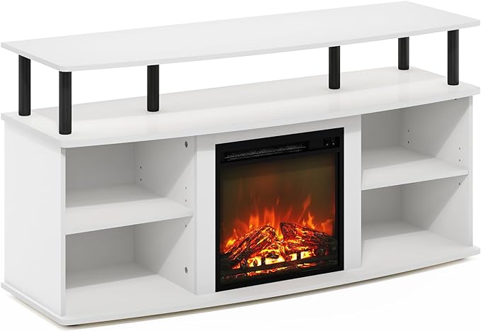 Furinno Jensen Open Shelving Storage Fireplace TV Entertainment Center for TV up to 55 Inch, Solid White/Black - LeafyLoom