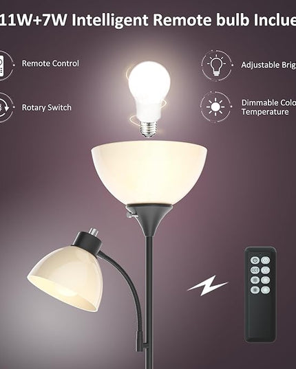 Floor Lamp, Remote Control with 4 Color Temperatures, LED Torchiere Floor Lamp with Adjustable Reading Lamp for Bedroom, Standing Lamps for Living Room, Bulb Included (Matte Black) - LeafyLoom