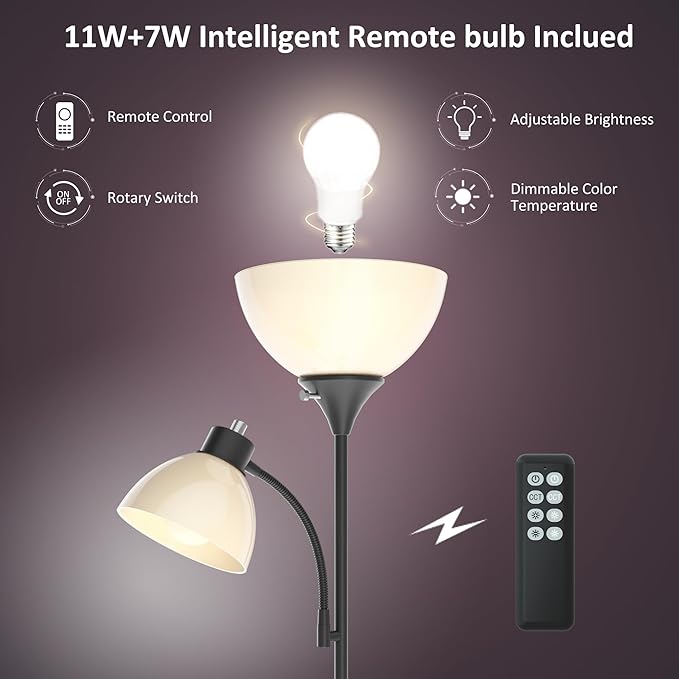 Floor Lamp, Remote Control with 4 Color Temperatures, LED Torchiere Floor Lamp with Adjustable Reading Lamp for Bedroom, Standing Lamps for Living Room, Bulb Included (Matte Black) - LeafyLoom