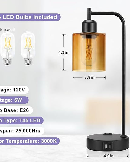Industrial Touch Nightstand Lamps for Bedrooms Set of 2 - 3-Way Dimmable Table Lamps with USB C+A Ports and Outlet, Bedside Lamps with Amber Glass Shade for Living Room, Desk Lamps for Home Office - LeafyLoom