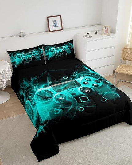 Feelyou Kids Gamer Comforter Set King Size Teens Gamepad Bedroom Decor for Boys Girls Video Game Controller Bedding Set Youth Gaming Console Comforter Blue Black Geometry with 2 Pillow Case - LeafyLoom