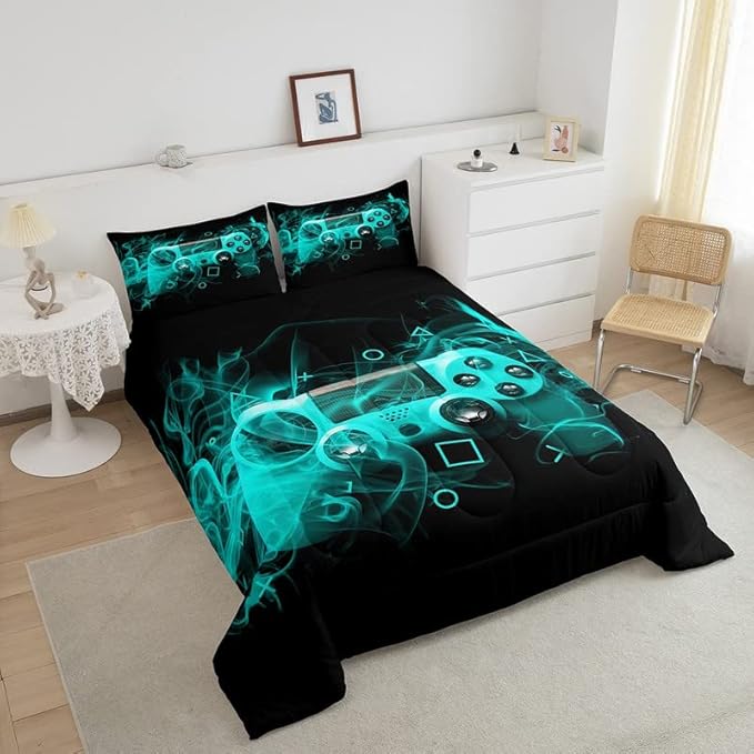 Feelyou Kids Gamer Comforter Set King Size Teens Gamepad Bedroom Decor for Boys Girls Video Game Controller Bedding Set Youth Gaming Console Comforter Blue Black Geometry with 2 Pillow Case - LeafyLoom