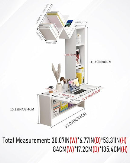 Folding Wall Mounted Drop Leaf Table, Foldable Desk with Moveable Cabinets, Floating Laptop with Convertible Storage Shelves, Multifunctional Computer Workstation in Home for Space Saving - LeafyLoom