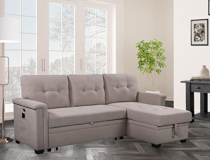 L-Shaped Reversible Sofa, with Side Pocket, USB Charger and Pull-Out Sleeper Bed, 84" Tufted Upholstered Couch, for Compact Space, Living Room, Bedroom, Apartment-Light Gray, 84 Inch - LeafyLoom