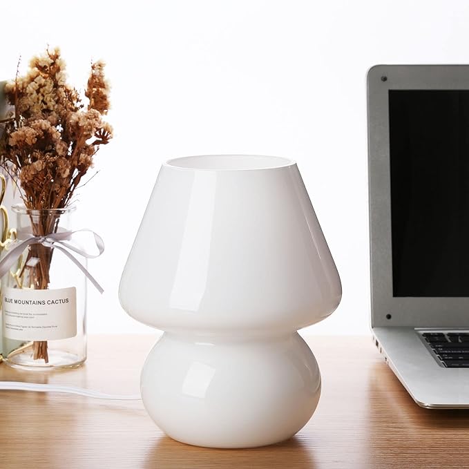 BSOD Mushroom lamp,Glass Mushroom Bedside Table Lamp Translucent Murano Vintage Style Striped Small Nightstand Desklamp Swirl Light for Home Decor, Dining, Living, Bedroom, Gift (Matte White) - LeafyLoom