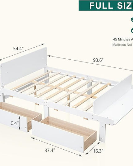 Dolonm Full Bed Frames for Kids with 2 Drawers, Storage Platform Bed with Footboard Bench, Twin Kids Bed Headboard Frame Pine Wood, High Stable, No Box Spring Needed, Twin Bed for Kids, White - LeafyLoom