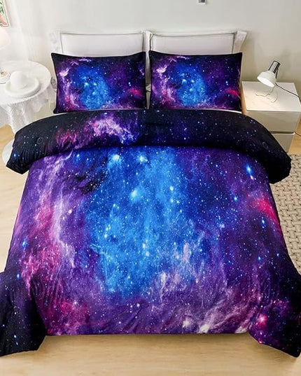 Galaxy Comforter Sets Twin 7PCS,Purple Comforter Set,Girls Bed Sets,Bed in a Bag with Flat Sheet and Fitted Sheet,Pillowcases,Cushions for Girls,Purple Galaxy Twin Bedding Sets - LeafyLoom
