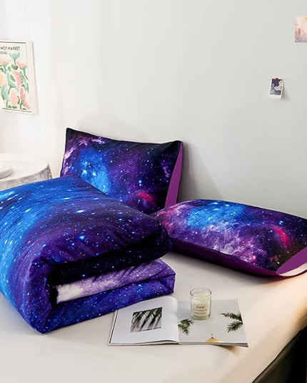 7PCS Purple Comforter Sets Queen,Girls Galaxy Comforter Queen,Girls Bed Sets Queen,Bed in a Bag with Flat Sheet and Fitted Sheet,Pillowcases,Cushions for Girls,Galaxy Bedding Sets - LeafyLoom