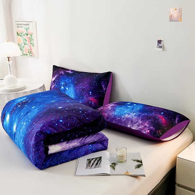 7PCS Purple Comforter Sets Queen,Girls Galaxy Comforter Queen,Girls Bed Sets Queen,Bed in a Bag with Flat Sheet and Fitted Sheet,Pillowcases,Cushions for Girls,Galaxy Bedding Sets - LeafyLoom