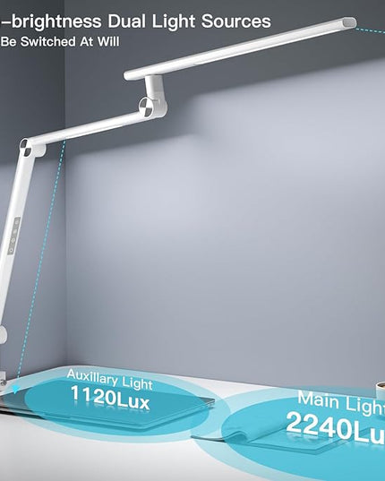 LED Desk Lamp, Desk Light for Home Office, Dual Light Source 18W Brightest, Eye-Caring Optical Lens, Office Lamp, 5 Color Modes & Brightness, Aluminum Alloy Drafting Light, Clamp Lamp, White - LeafyLoom