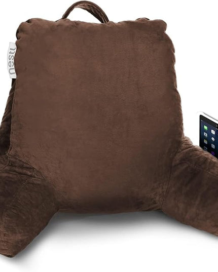 Nestl Reading Pillow with Portable Laptop Lap Desk, Velvet Feel Back Pillow for Sitting in Bed, Shredded Memory Foam Back Support Pillow for Bed, Bed Rest Pillow with Arms, Standard - Brown - LeafyLoom