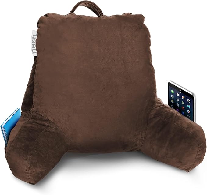 Nestl Reading Pillow with Portable Laptop Lap Desk, Velvet Feel Back Pillow for Sitting in Bed, Shredded Memory Foam Back Support Pillow for Bed, Bed Rest Pillow with Arms, Standard - Brown - LeafyLoom