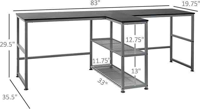 HOMCOM 83" Two Person Computer Desk with 2 Storage Shelves, Double Desk Workstation with Book Shelf, Long Desk Table for Home Office, Black - LeafyLoom