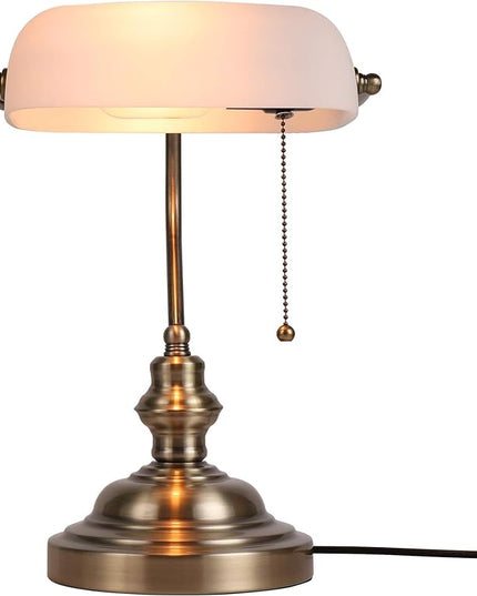 Newrays White Matted Glass Bankers Desk Lamp with Pull Chain Switch Plug in Fixture - LeafyLoom